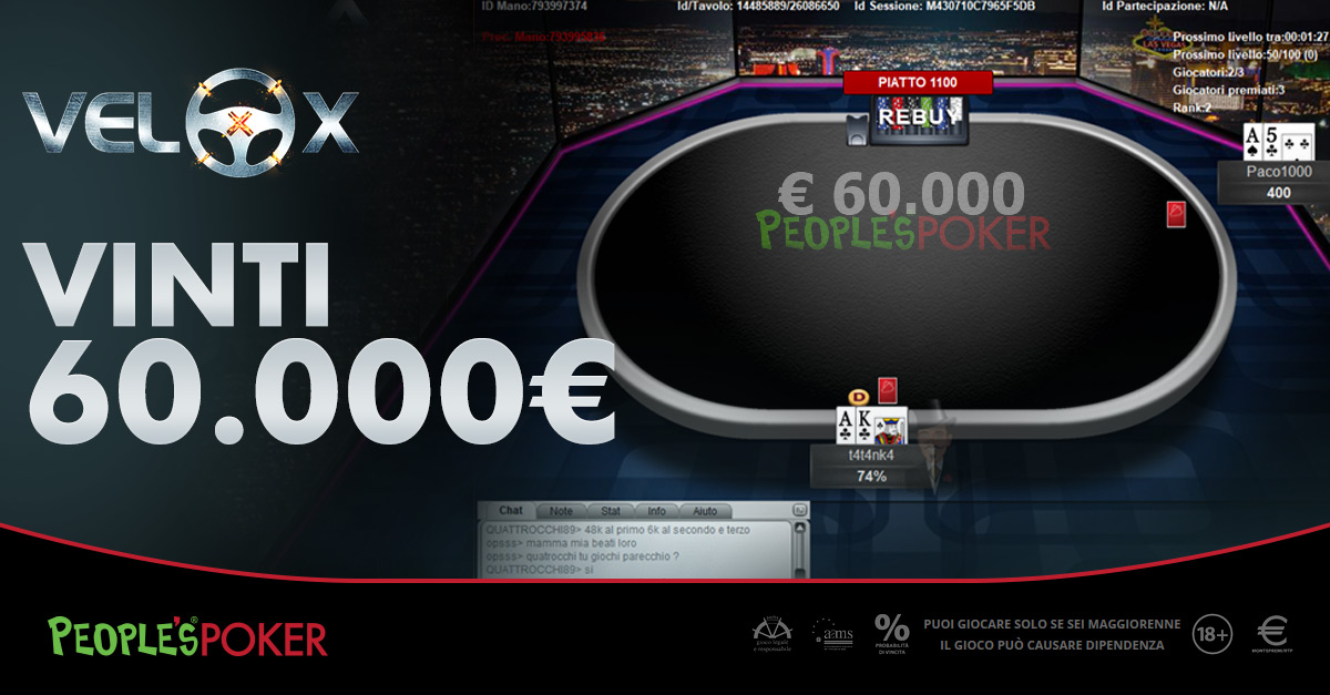 VeloX, oggi moltiplicatore massimo, assegnati 60.000 euro in una sola partita